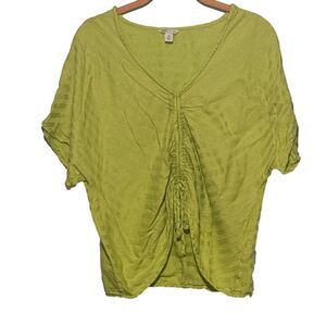 Cato Lime Green Ruched V-Neck Drawstring Women's Top M